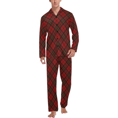Red tartan plaid winter Christmas pattern holidays Men's V-Neck Long Pajama Set