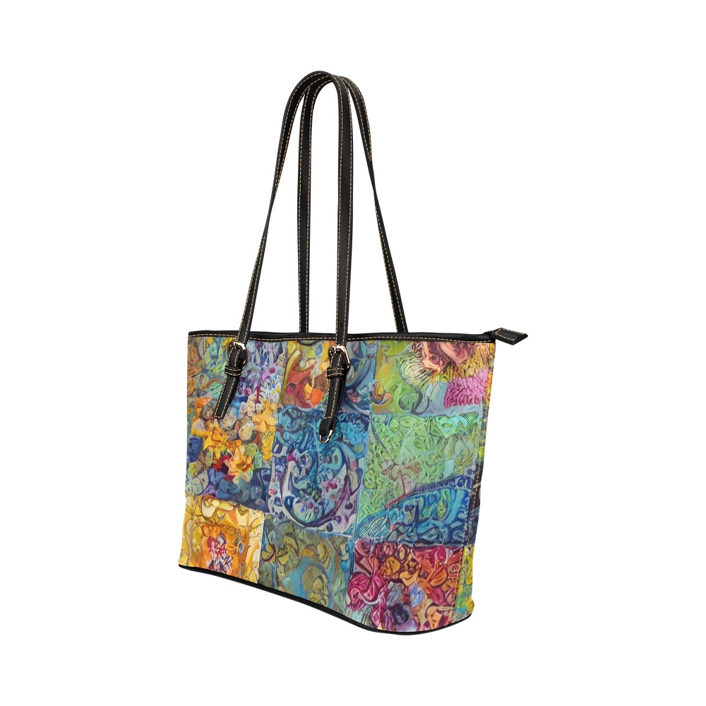 Boho Aesthetic Simulated Quilt Artwork Leather Tote Bag/Large (Model 1651)