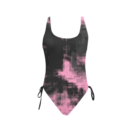 Pink Gray and Black Drawstring Side One-Piece Swimsuit (Model S14)