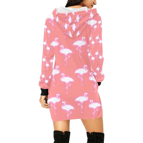 Flamingo Pattern Coral and White All Over Print Hoodie Mini Dress (Model H27)