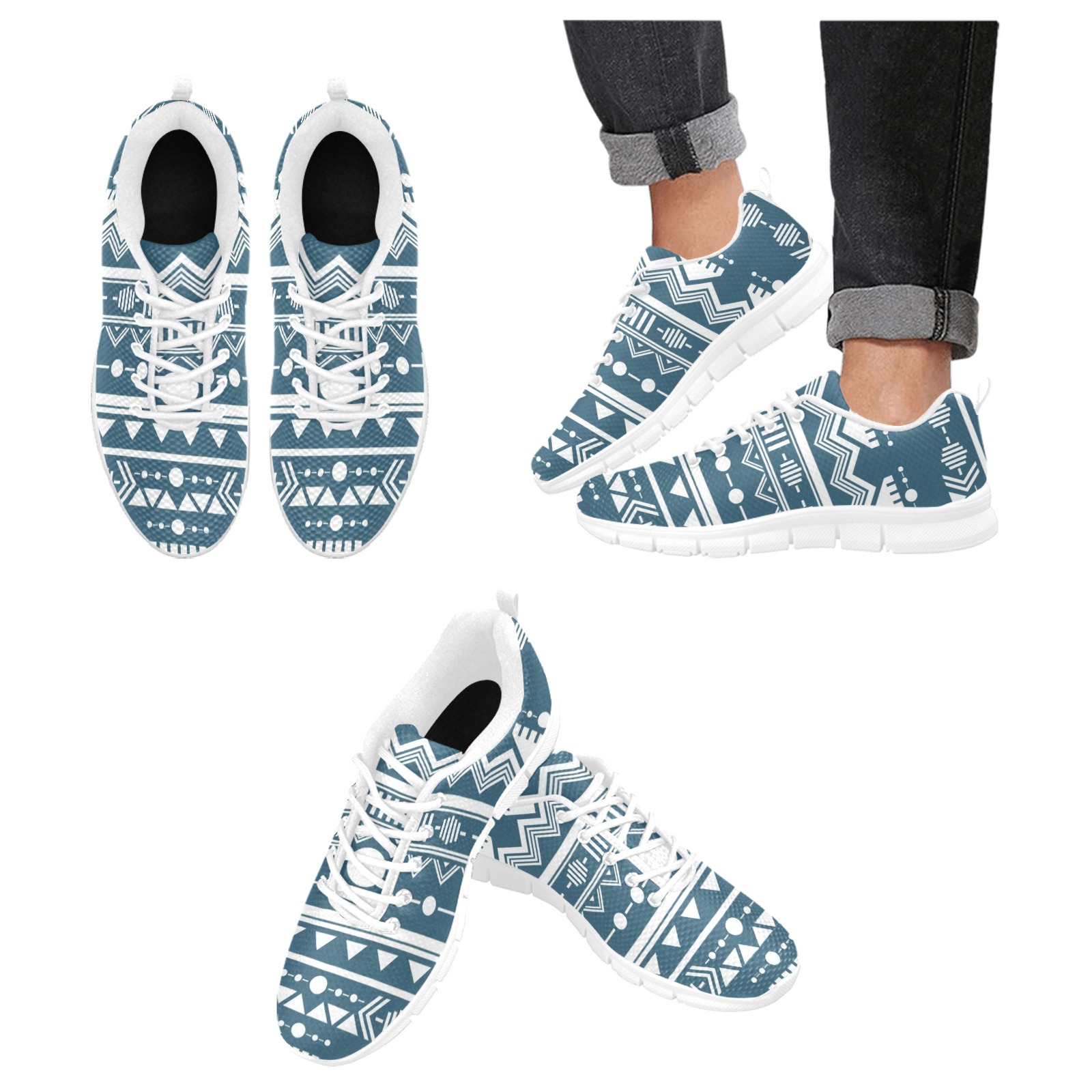 Blue and White Tribal Women's Breathable Running Shoes (Model 055)