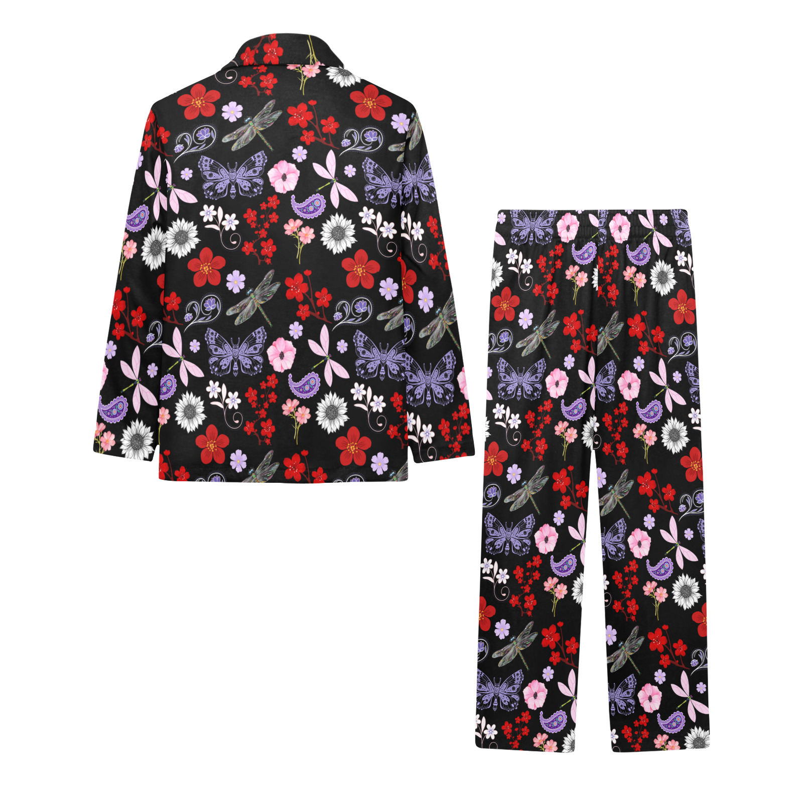 Black, Red, Pink, Purple, Dragonflies, Butterfly and Flowers Design Big Girls' V-Neck Long Pajama Set