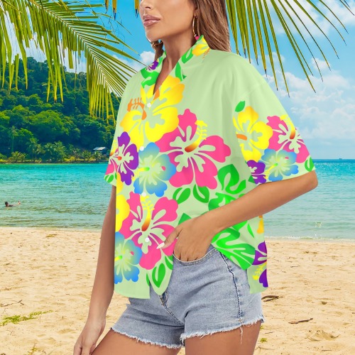 Hibiscus Hawaiian Flowers - Green Women's All Over Print Hawaiian Shirt (T58-2)