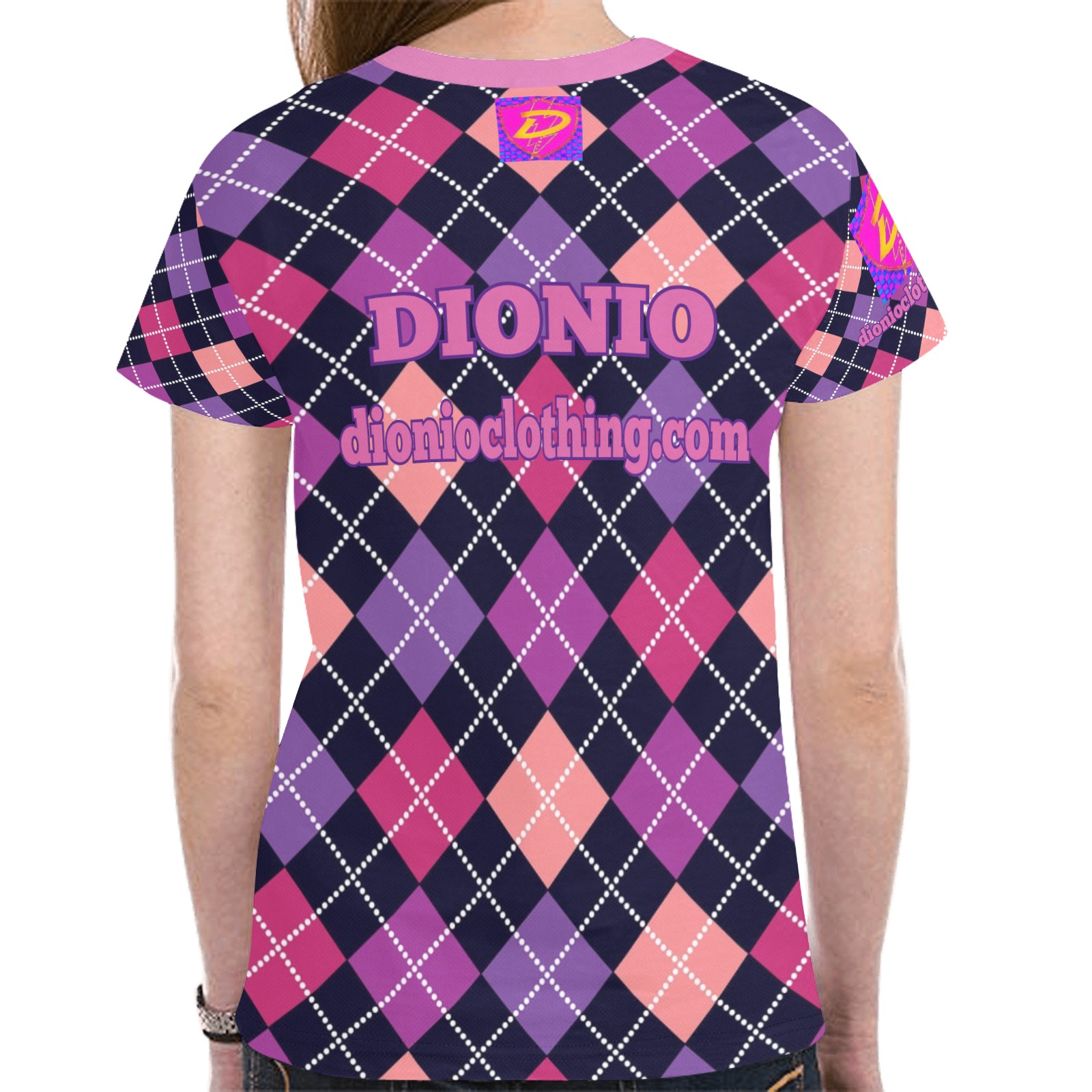 DIONIO Clothing - Ladies' Argyle Pink,Lavender & Peach T-Shirt (Pink Shield Logo) New All Over Print T-shirt for Women (Model T45)