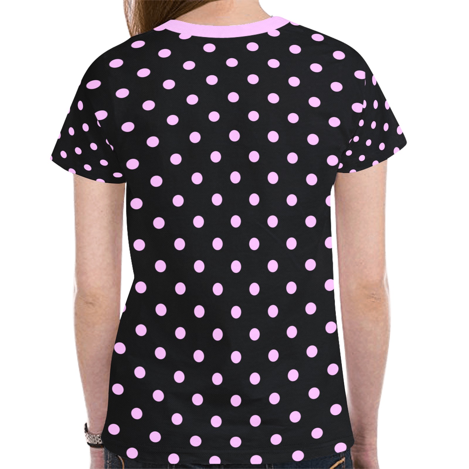 Polka Dots Pink / Black New All Over Print T-shirt for Women (Model T45)