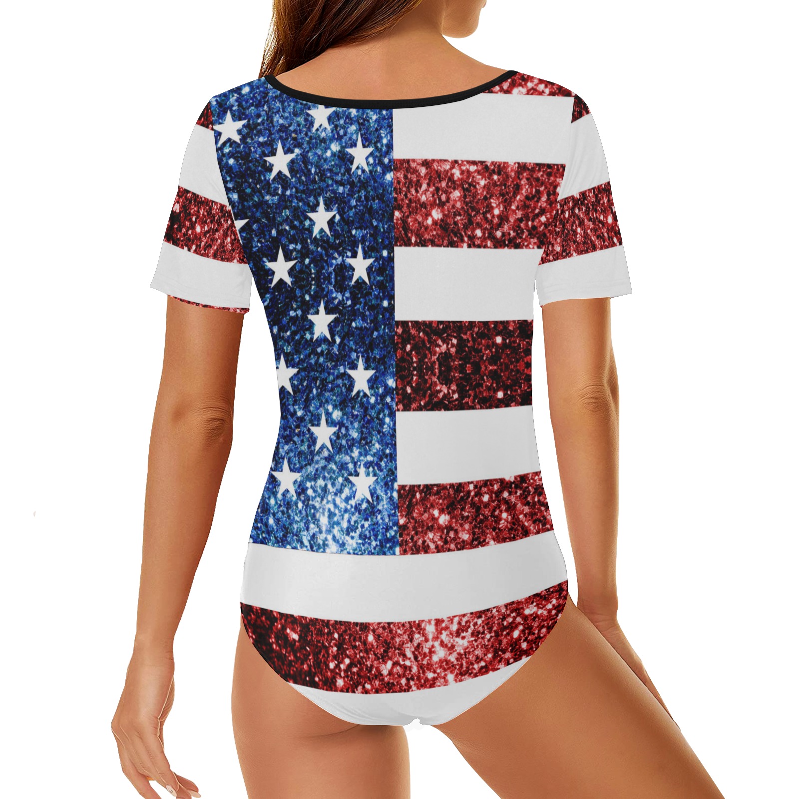 Sparkly USA flag America Red White Blue faux Sparkles patriotic bling 4th of July Women's Short Sleeve Bodysuit