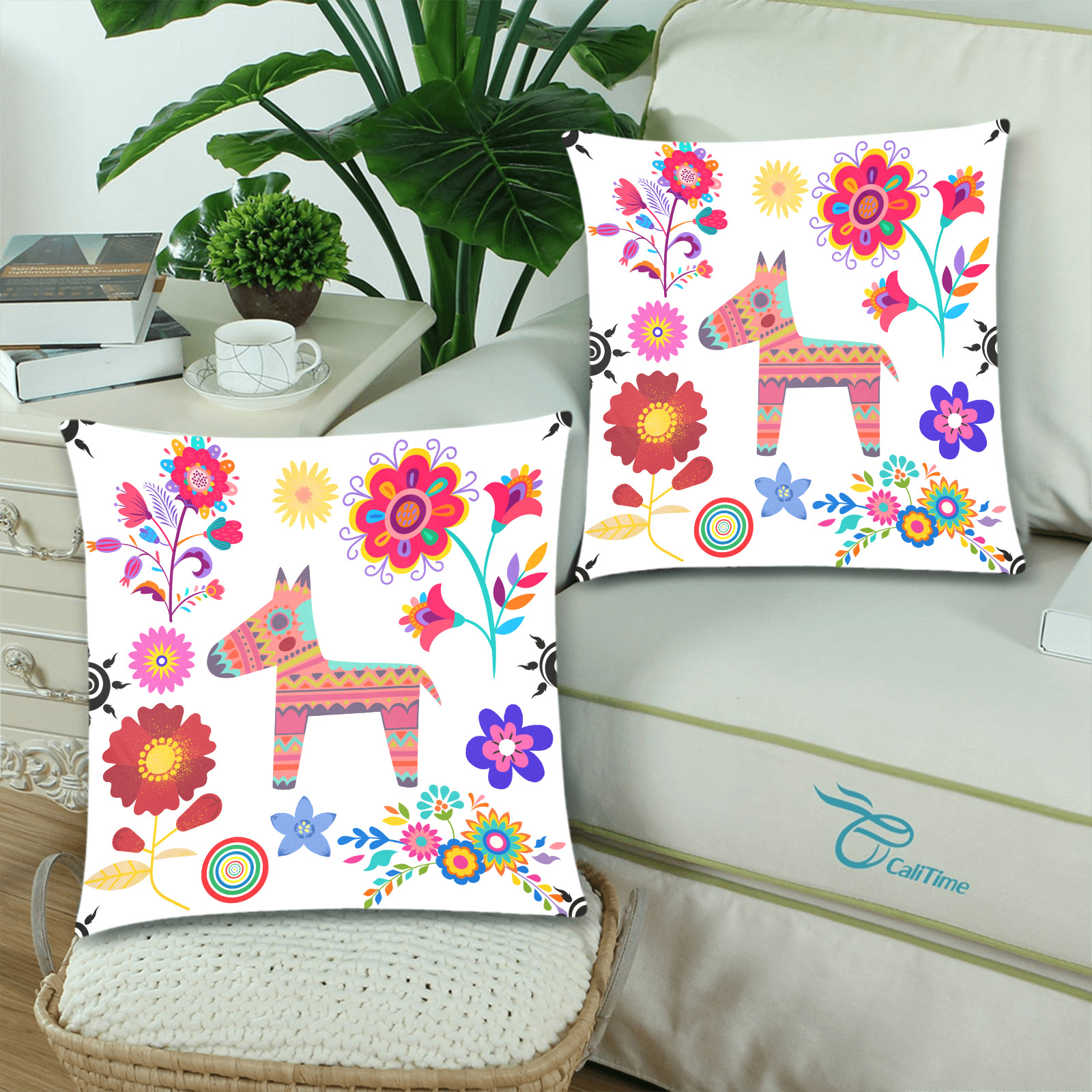 Alpaca Pinata and Flowers Custom Zippered Pillow Cases 18"x 18" (Twin Sides) (Set of 2)