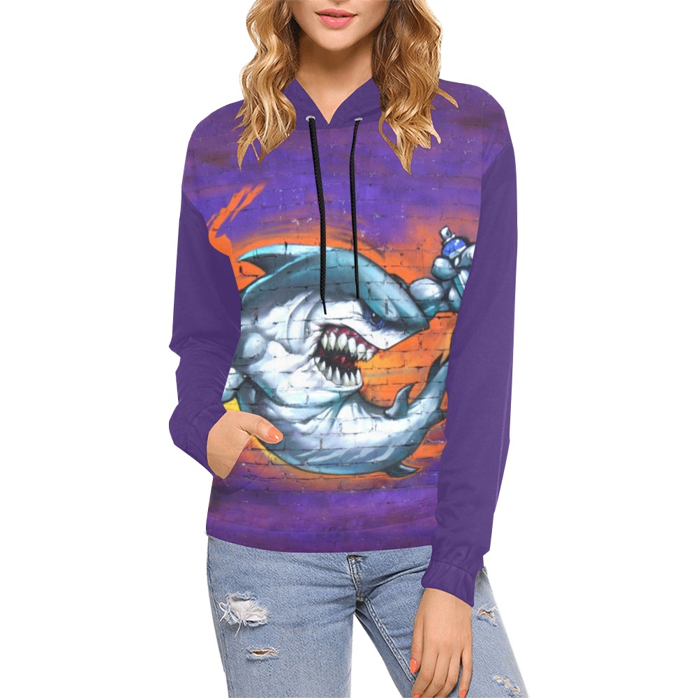 Graffiti Shark Wall Art - Purple Sleeves All Over Print Hoodie for Women (USA Size) (Model H13)