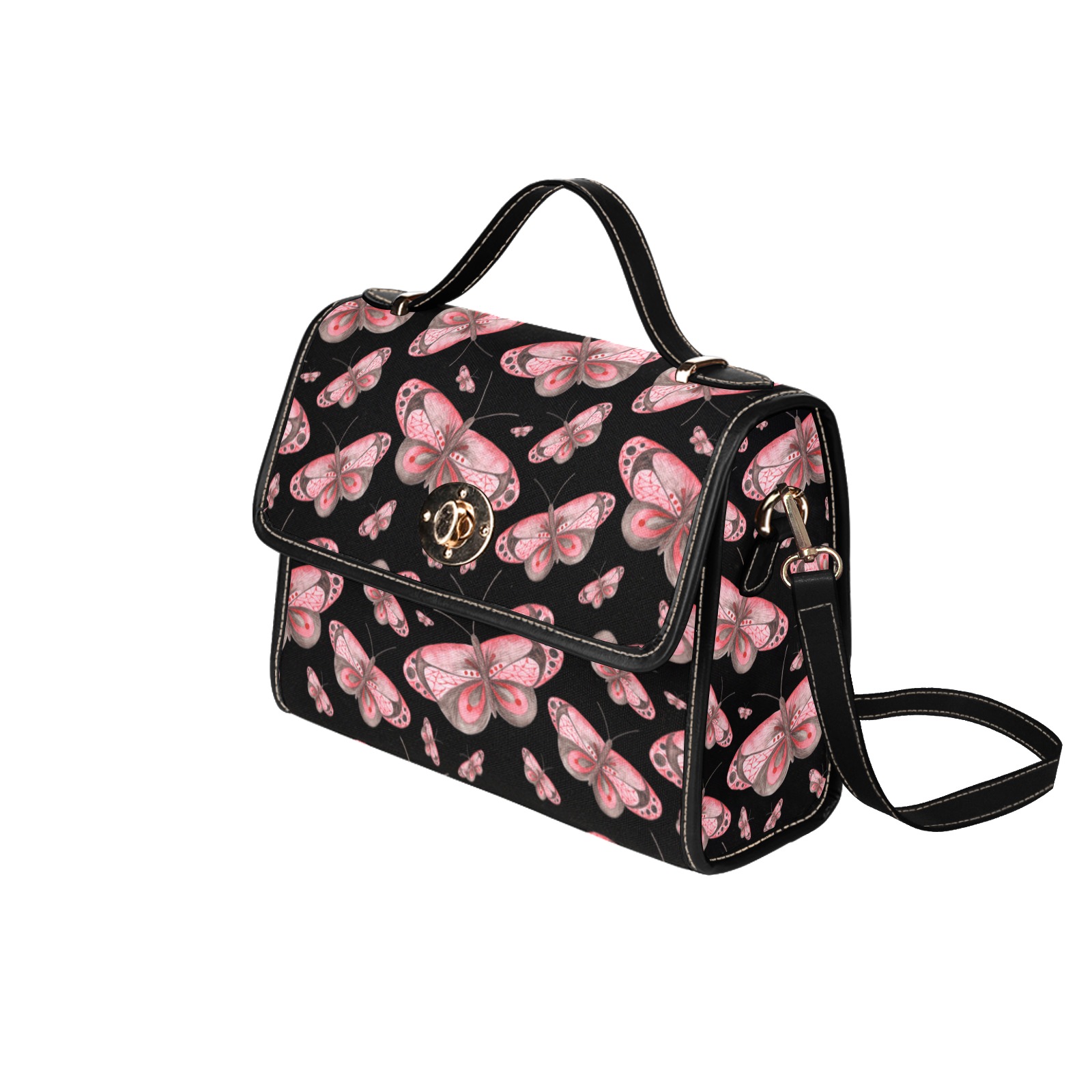 Pink-Butterflies Waterproof Canvas Bag-Black (All Over Print) (Model 1641)