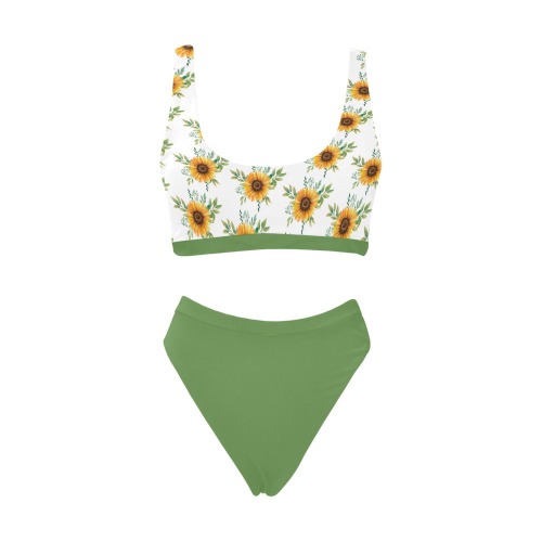 Sunflower Woman's Swimwear Green Two Piece Sport Top & High-Waisted Bikini Swimsuit (Model S07)