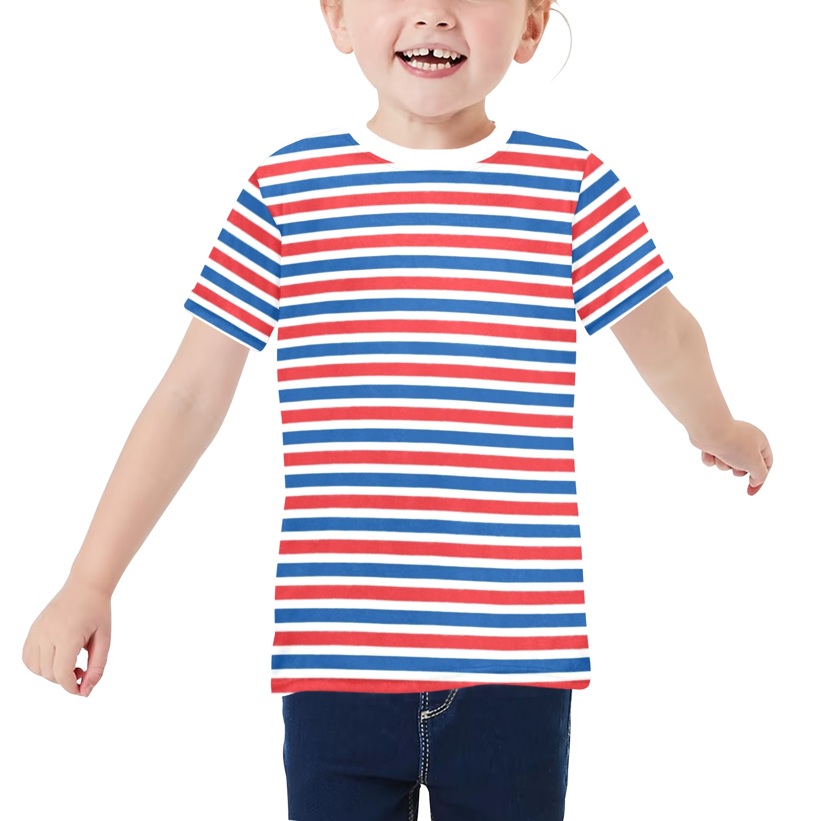 Basic Red, White and Blue Striped Tee Little Girls' All Over Print Crew Neck T-Shirt (Model T40-2)