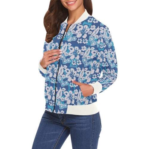 Blue White Floral Unique All Over Print Bomber Jacket for Women (Model H19)