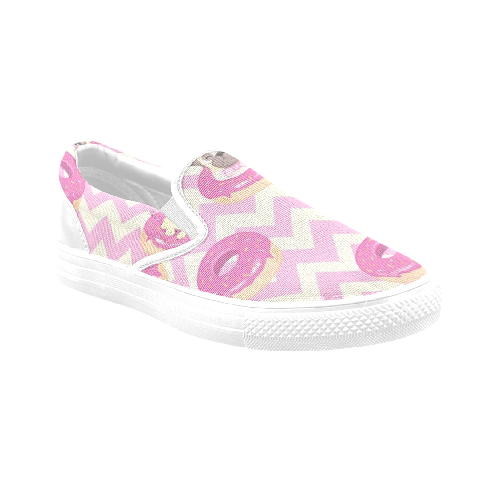 Pugs and Donuts on Pink Chevron Women's Unusual Slip-on Canvas Shoes (Model 019)