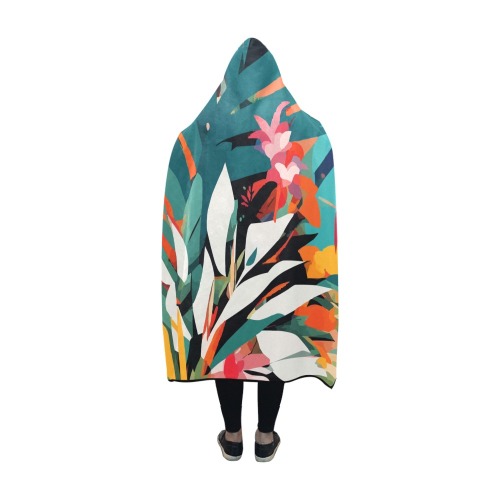 Tropical flowers and plants on orange background. Hooded Blanket 60''x50''