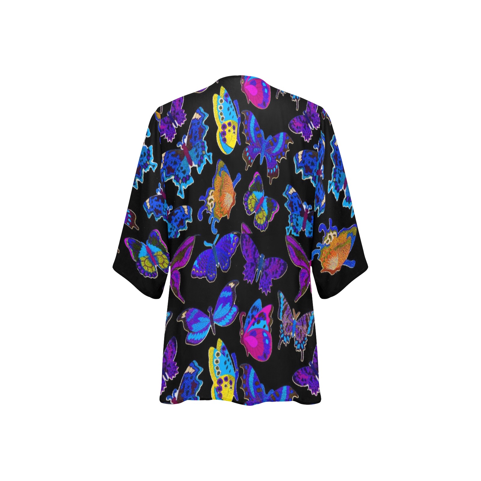 Blue Hued Butterflies on a Black Field Women's Kimono Chiffon Cover Ups (Model H51)