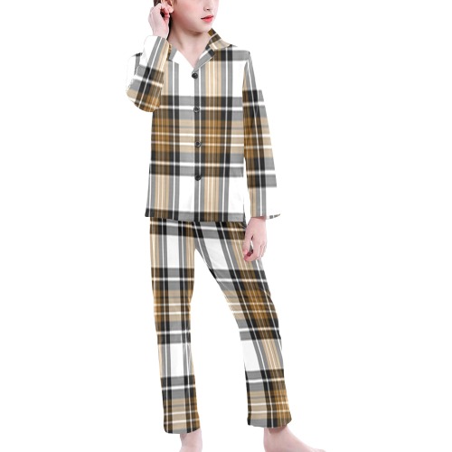 Brown Black Plaid Big Girls' V-Neck Long Pajama Set