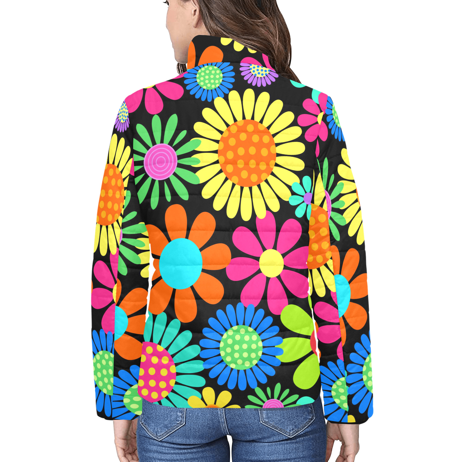 Retro Daisy Flower Power Sixties Hippy Pattern Women's Stand Collar Padded Jacket (Model H41)