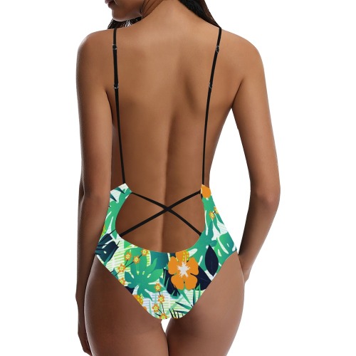 GROOVY FUNK THING FLORAL Sexy Lacing Backless One-Piece Swimsuit (Model S10)