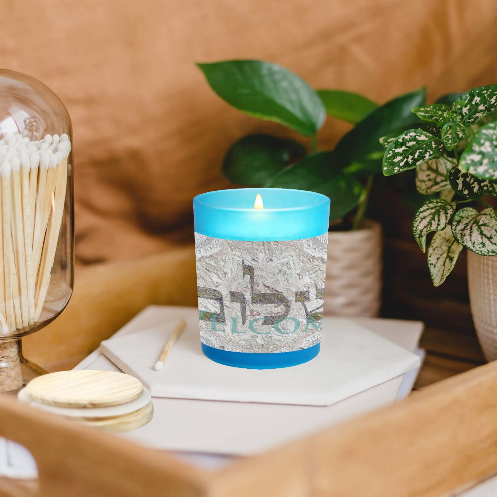 shalom  Welcome cream Blue Glass Candle Cup (Wood Sage & Sea Salt)