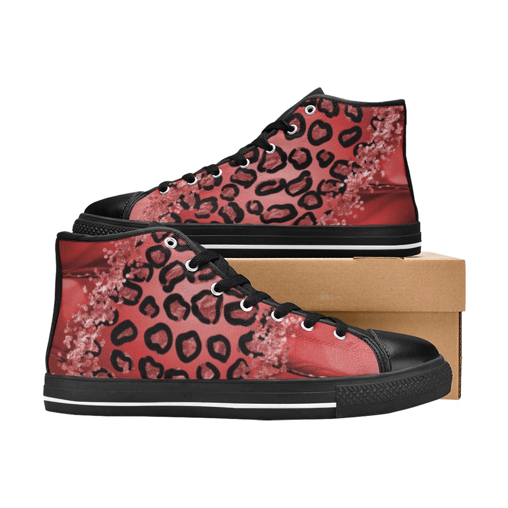 Fantasy Red Glitter Leopard Women's Classic High Top Canvas Shoes (Model 017)
