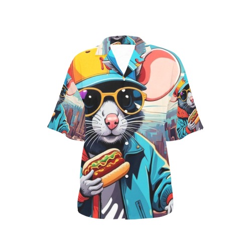 HOT DOG EATING NYC RAT 2 All Over Print Hawaiian Shirt for Women (Model T58)