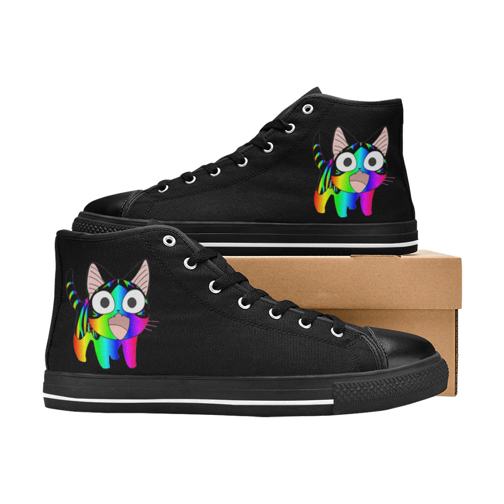 Rainbow Neon Kitty Cat Anime High Top Canvas Shoes for Kid (Model 017)