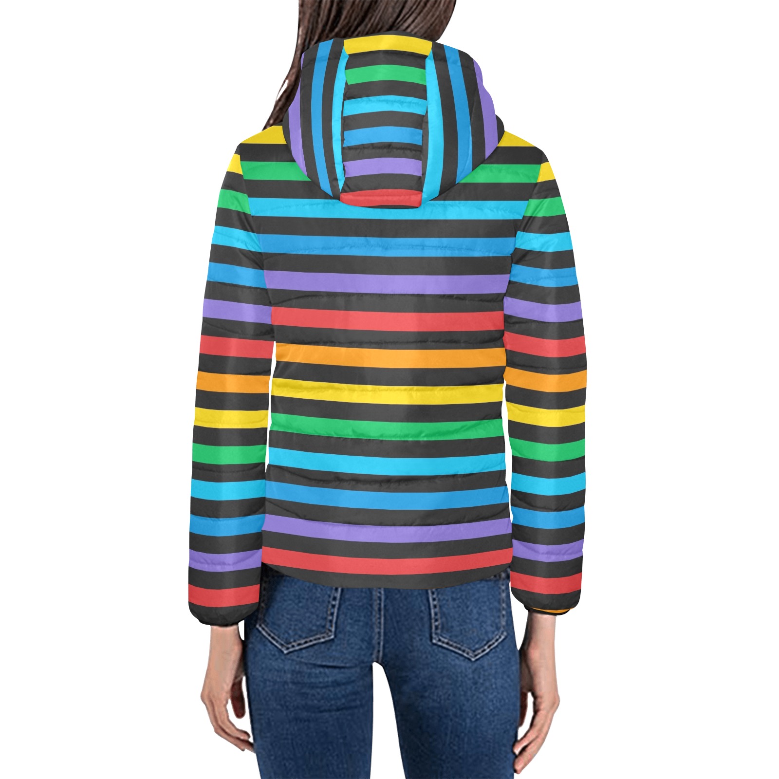 Rainbow Stripes on Black Background Women's Padded Hooded Jacket (Model H46)