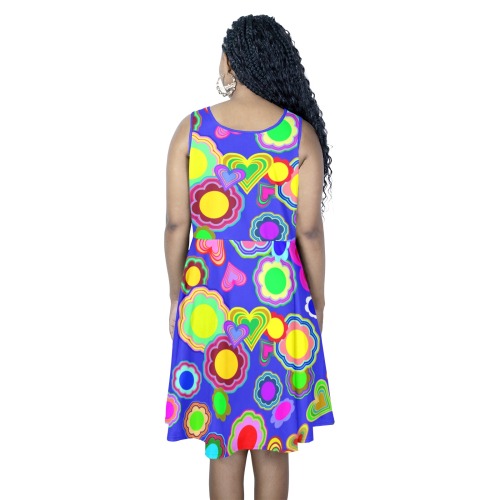 Groovy Hearts and Flowers Blue Sleeveless Expansion Dress (Model D60)