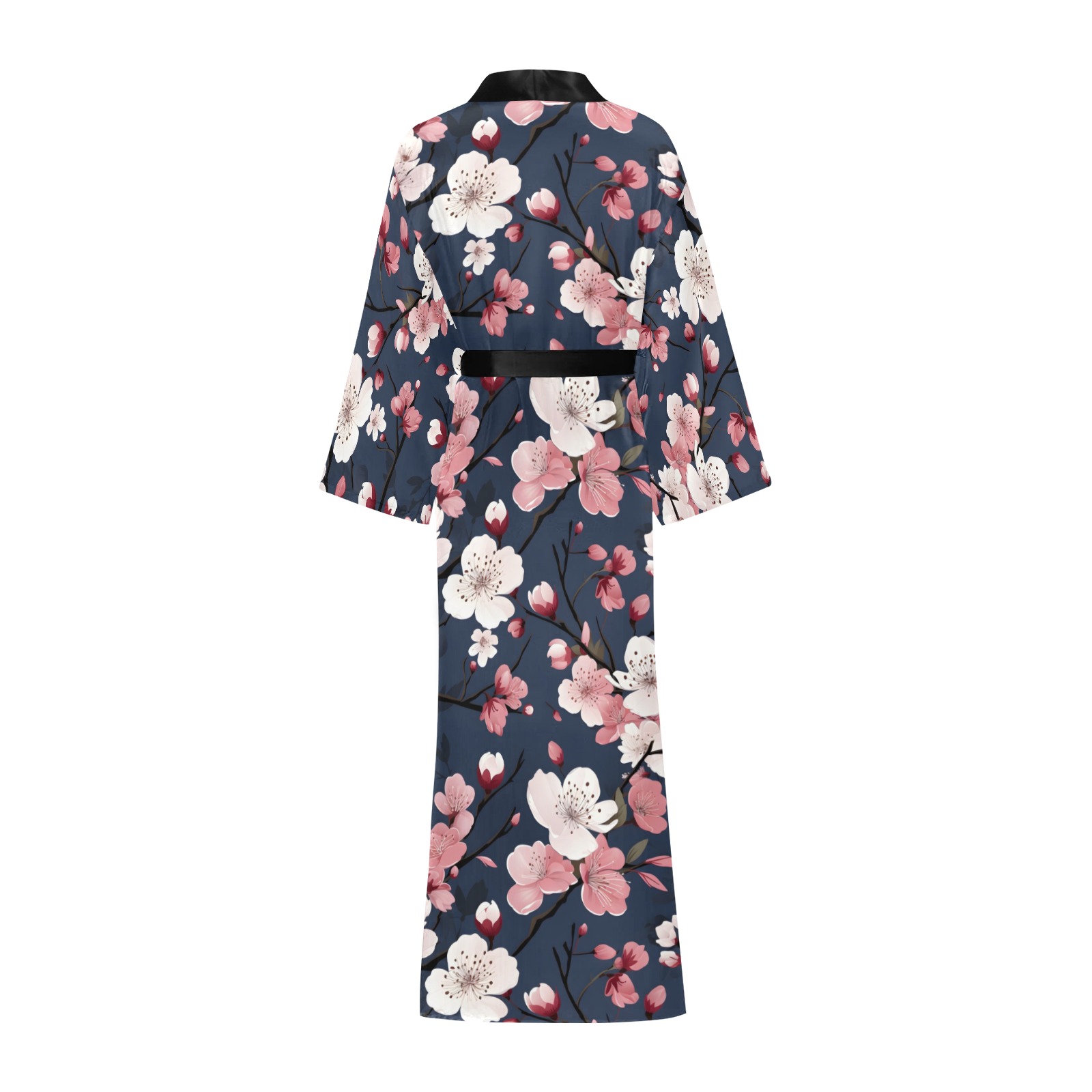 Cherry Blossoms  And Navy Pattern Long Kimono Robe