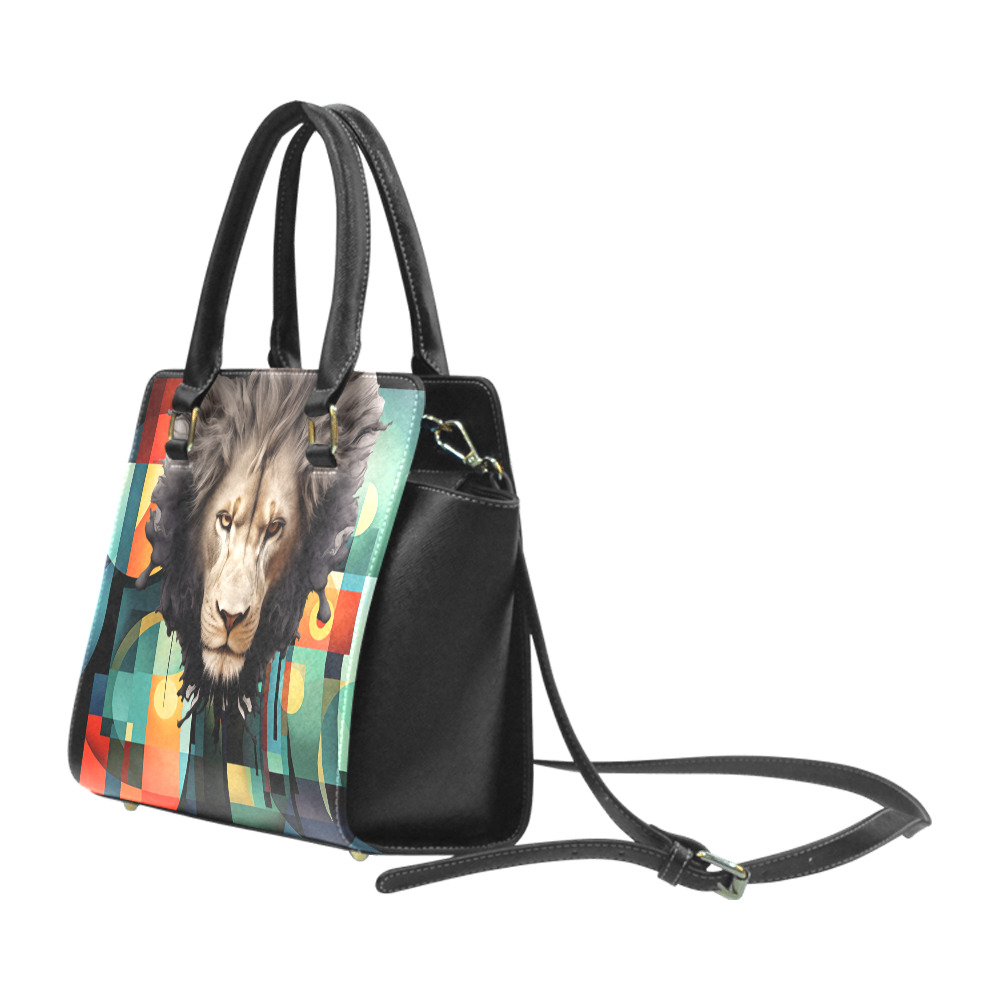 Lion On Cubism Pattern Rivet Shoulder Handbag (Model 1645)