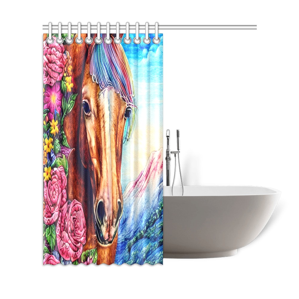 Boho Simulated Quilt Horse Artwork Shower Curtain 69"x72"