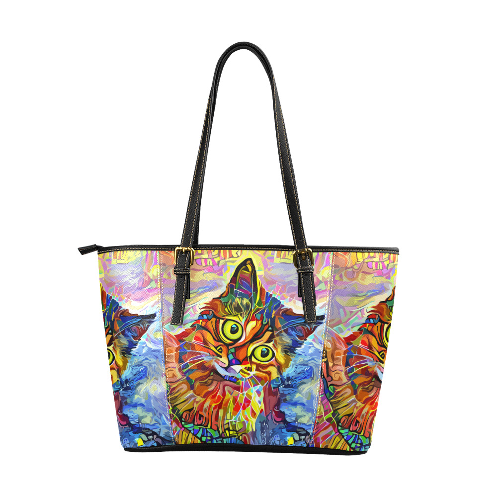 Abstract Cat Face Artistic Pet Portrait Painting Leather Tote Bag/Large (Model 1640)
