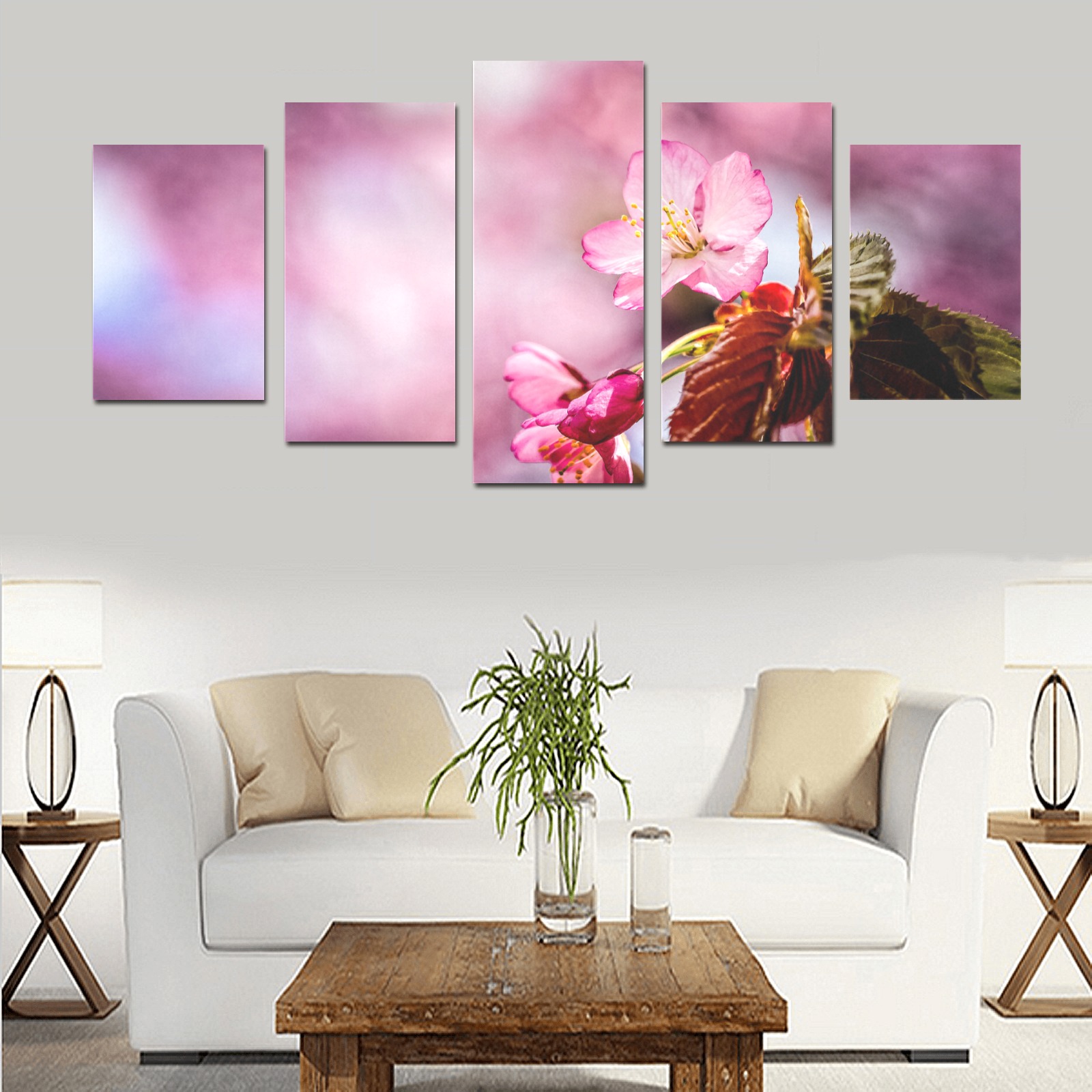 Striking pink sakura cherry flowers, pink mist. Canvas Print Sets D (No Frame)