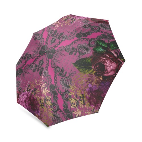 Gothic Romance Rose and Lilac on Black Lace Foldable Umbrella (Model U01)