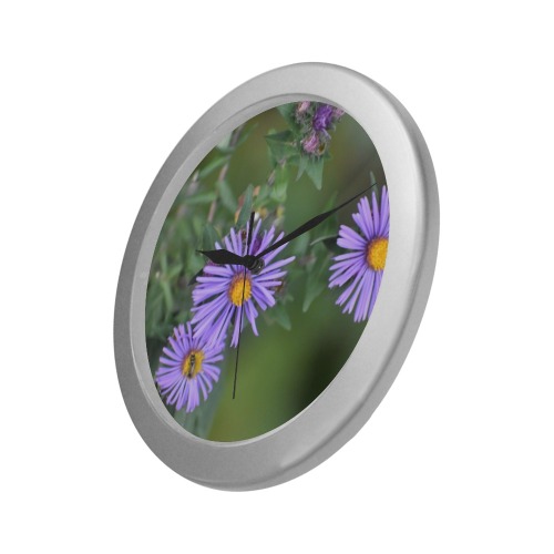 Purple Flowers Silver Color Wall Clock