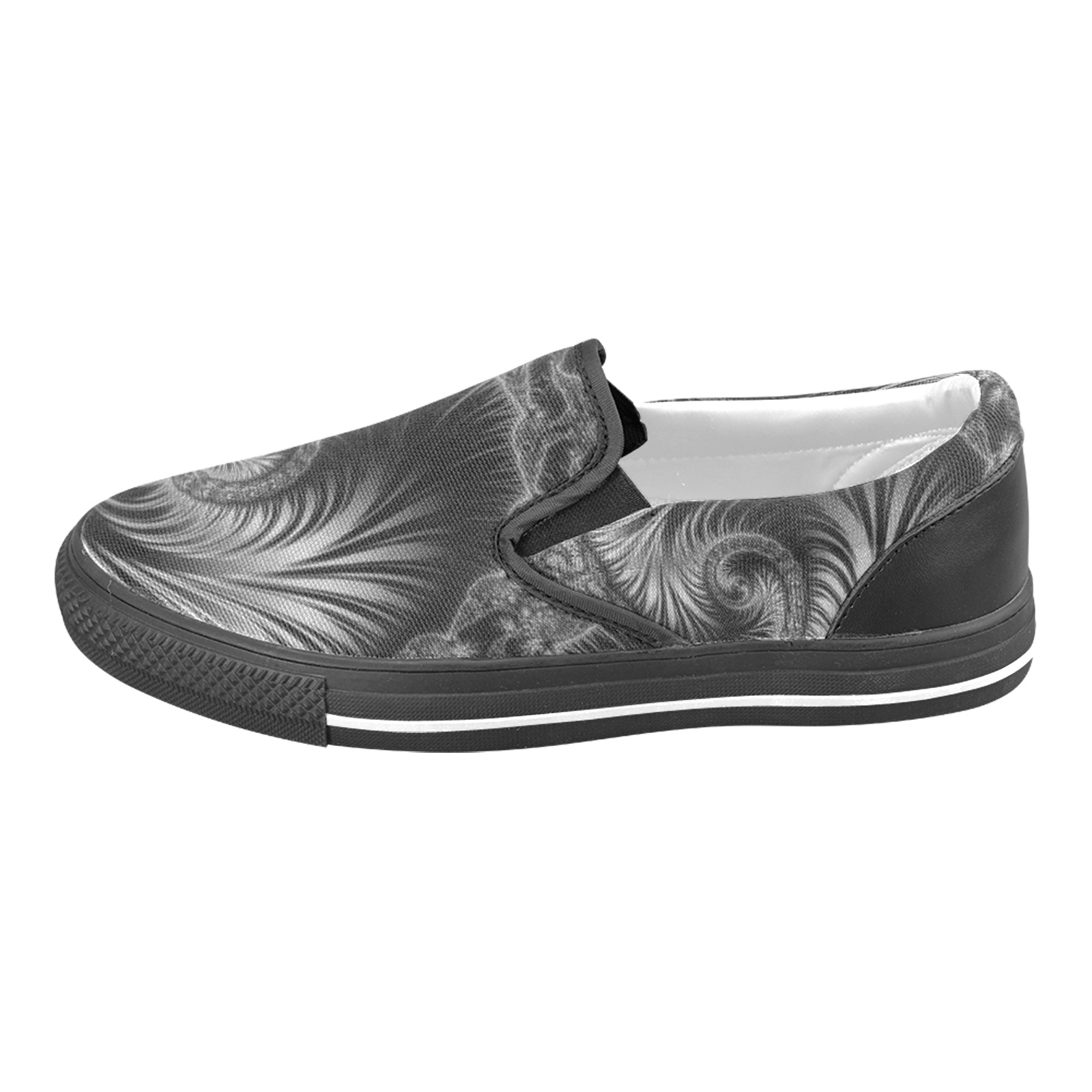 Black and Silver Spiral Fractal Abstract Men's Slip-on Canvas Shoes (Model 019)