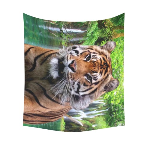 Tiger and Waterfall Cotton Linen Wall Tapestry 60"x 51"