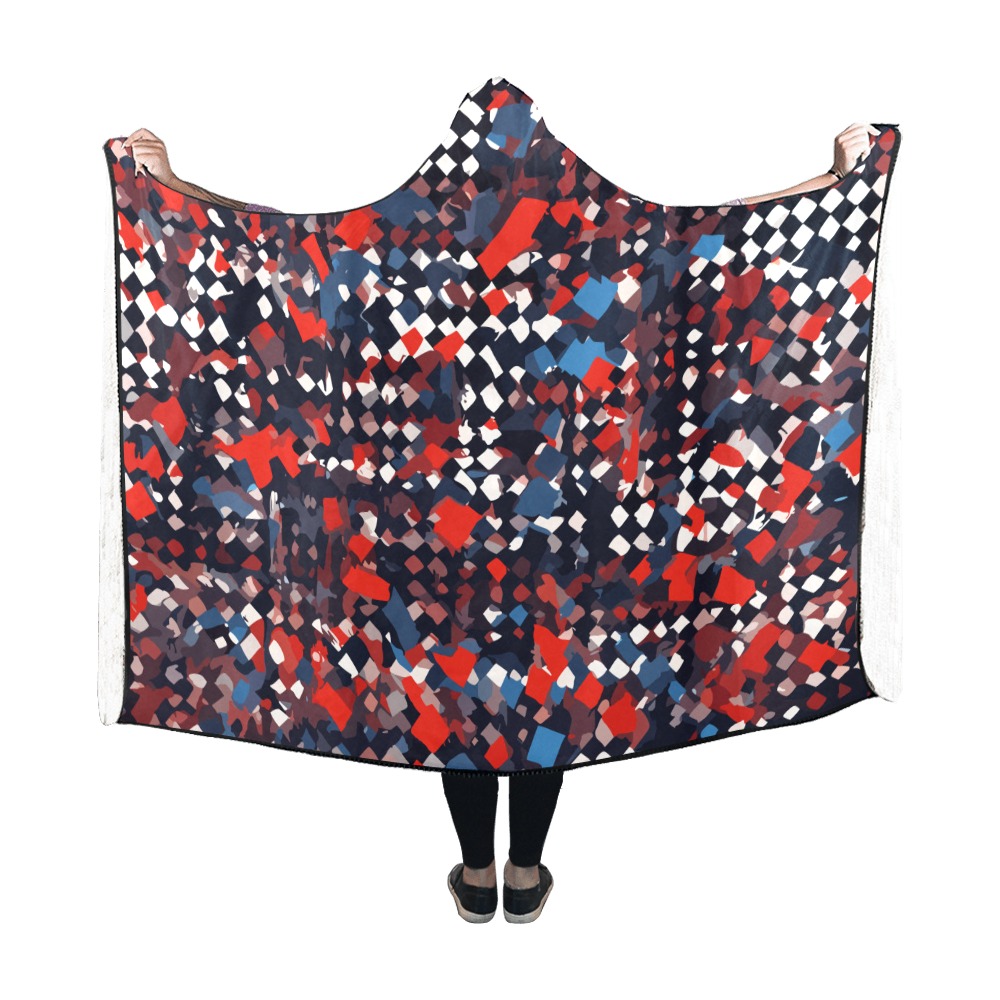 Checkered geometrical abstract art of red, black. Hooded Blanket 60''x50''