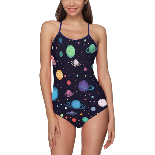 Colorful planets on black background Strap Swimsuit ( Model S05)