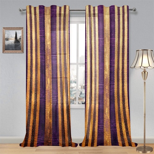 violet and gold striped pattern Gauze Curtain 28"x95" (Two-Piece)