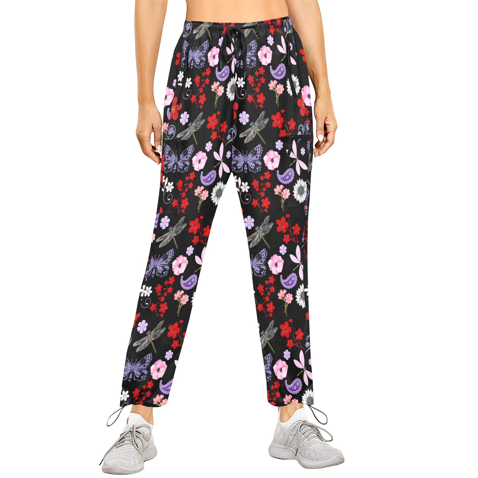Black, Red, Pink, Purple, Dragonflies, Butterfly and Flowers Design Women's Quick Dry Cargo Sweatpants (Model L65)