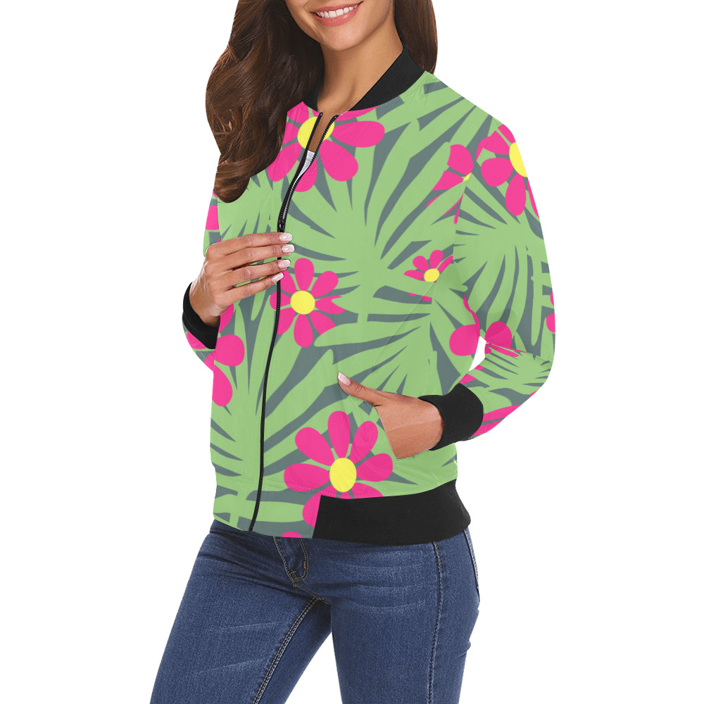 Pink Exotic Paradise Jungle Flowers and Leaves All Over Print Bomber Jacket for Women (Model H19)