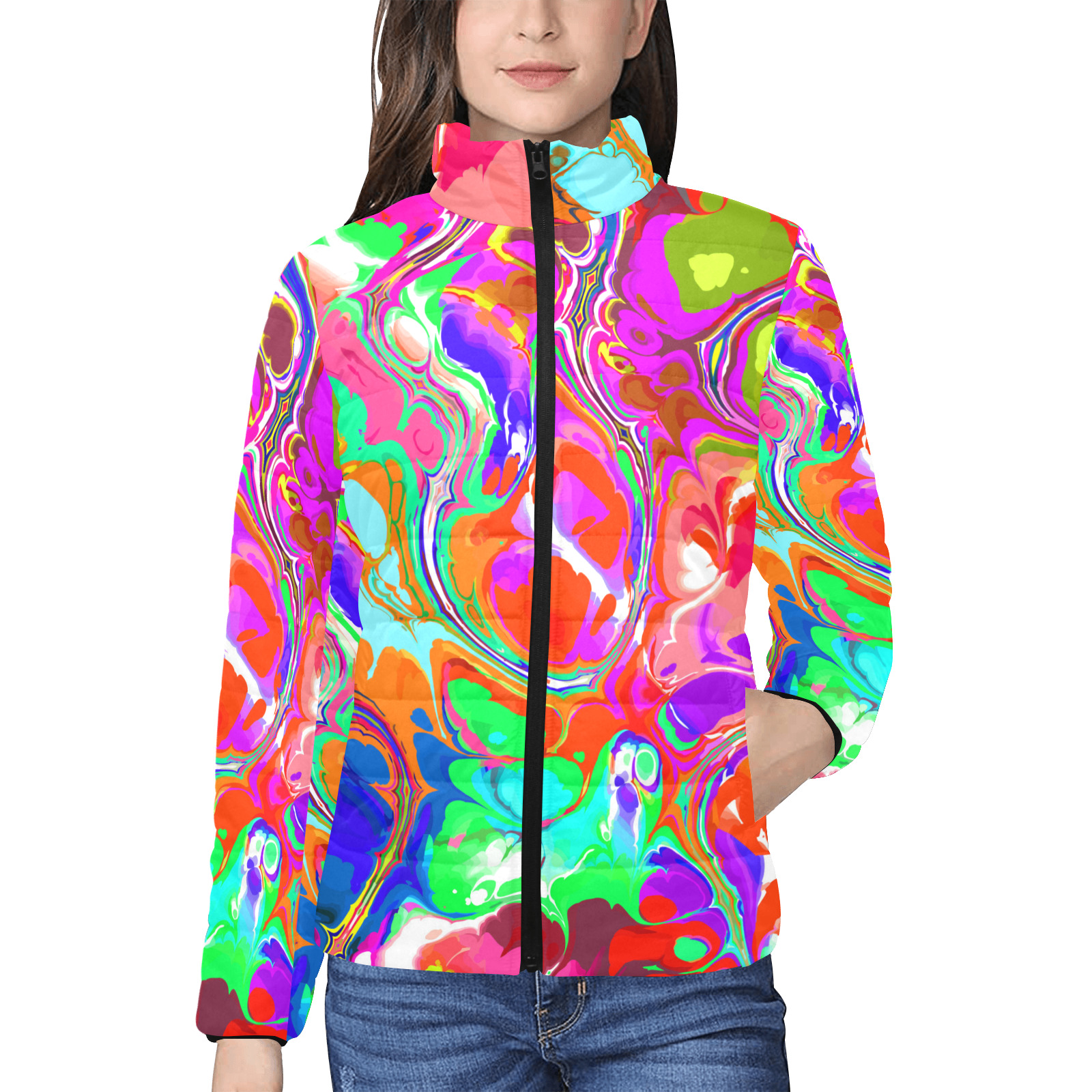 Psychedelic Abstract Marble Artistic Dynamic Paint Art Women's Stand Collar Padded Jacket (Model H41)