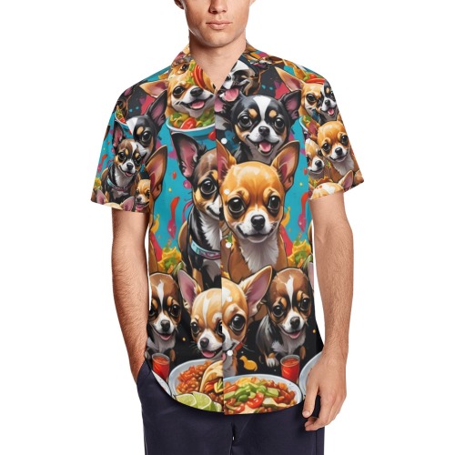 CHIHUAHUAS EATING MEXICAN FOOD 2 Men's Short Sleeve Shirt with Lapel Collar (Model T54)