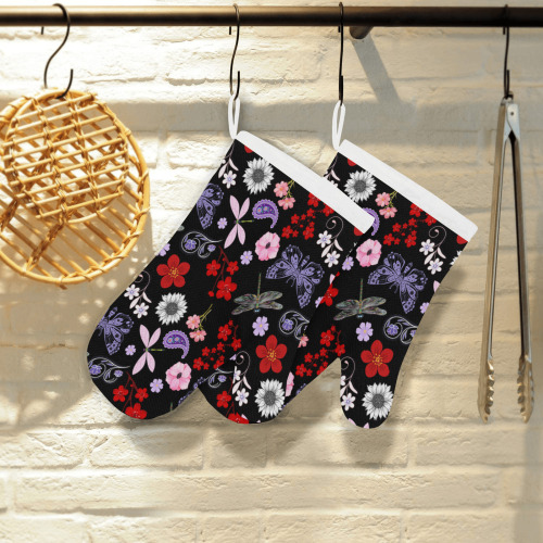 Black, Red, Pink, Purple, Dragonflies, Butterfly and Flowers Design Linen Oven Mitt (Two Pieces)