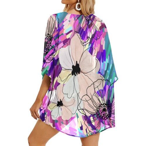 Lilac and White Poppies Women's Kimono Chiffon Cover Ups (Model H51)