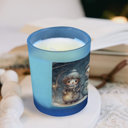 Snowman Couple Blue Glass Candle Cup (Wood Sage & Sea Salt)