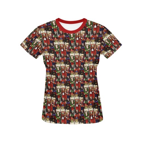 Christmas Nut Cracker Soldiers All Over Print T-Shirt for Women (Solid Color Neck) (Model T40)