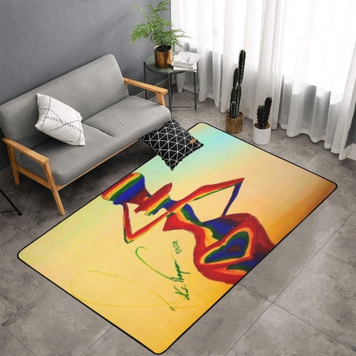 colorful african woman Area Rug with Black Binding 7'x5'