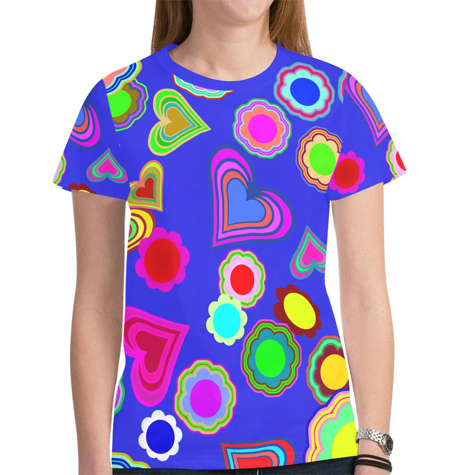 Groovy Hearts Flowers Pattern Blue New All Over Print T-shirt for Women (Model T45)